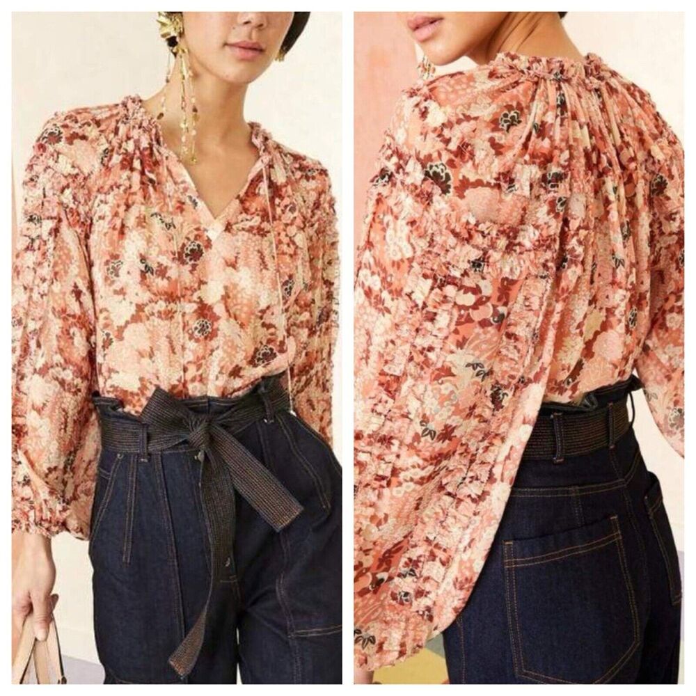 Ulla Johnson Adela Silk Floral Ruffle Blouse Pink Red Metallic Sheer Top Sz 2